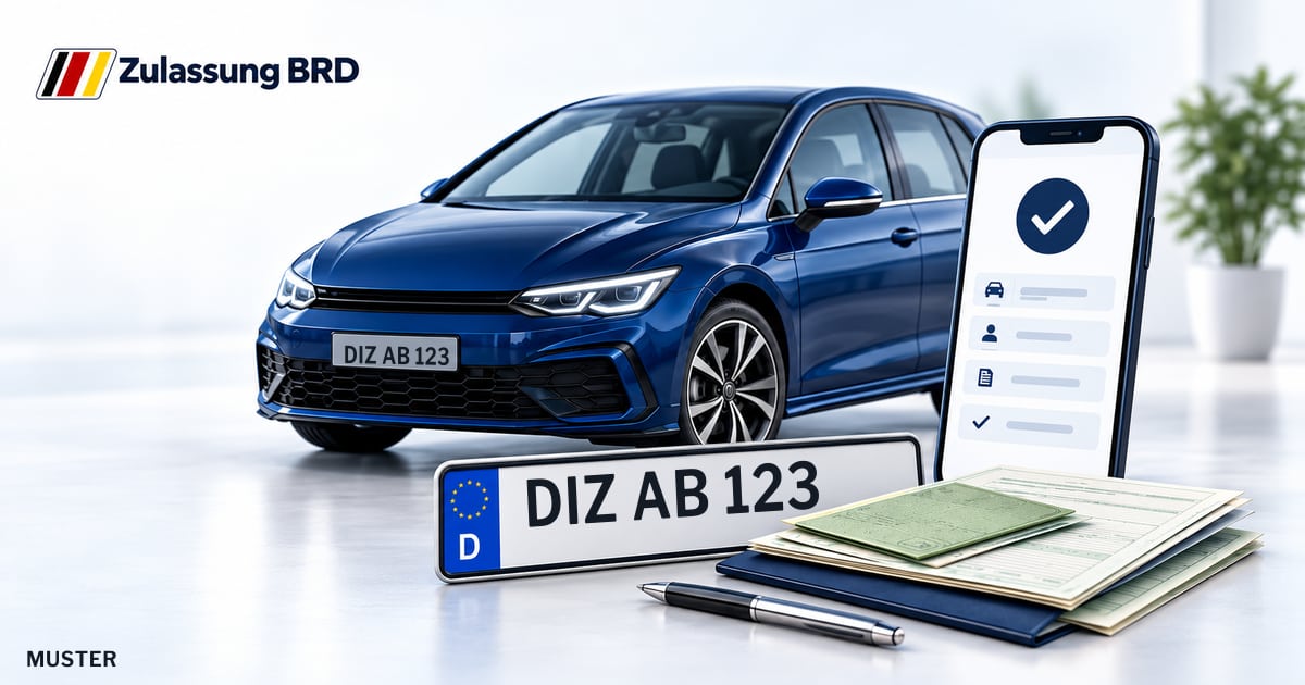 Online Fahrzeugzulassung in Nastätten: Musterkennzeichen DIZ AB 123, Auto und Fahrzeugpapiere und Smartphone. Illustration mit Logo von Zulassung BRD.